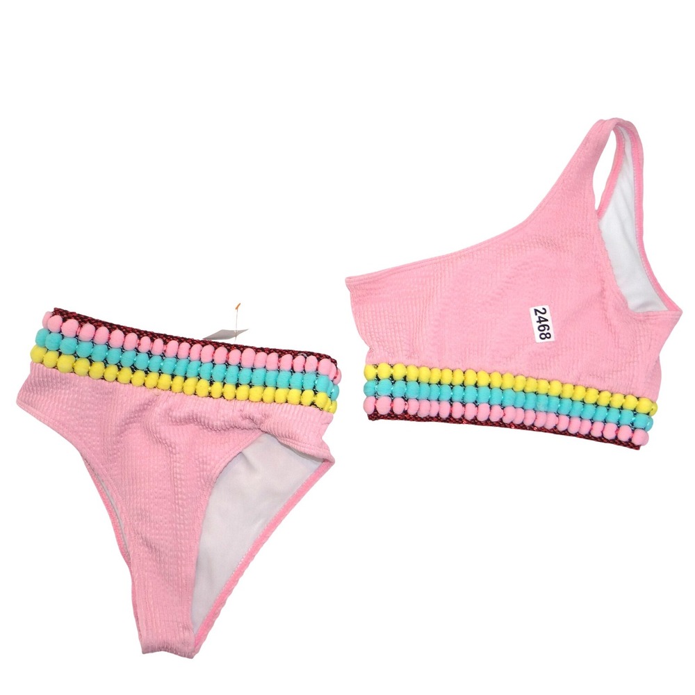 Pink Smocked One Shoulder Pom Pom Bikini Set Medium Seersucker 2 Piece Swimsuitโ
